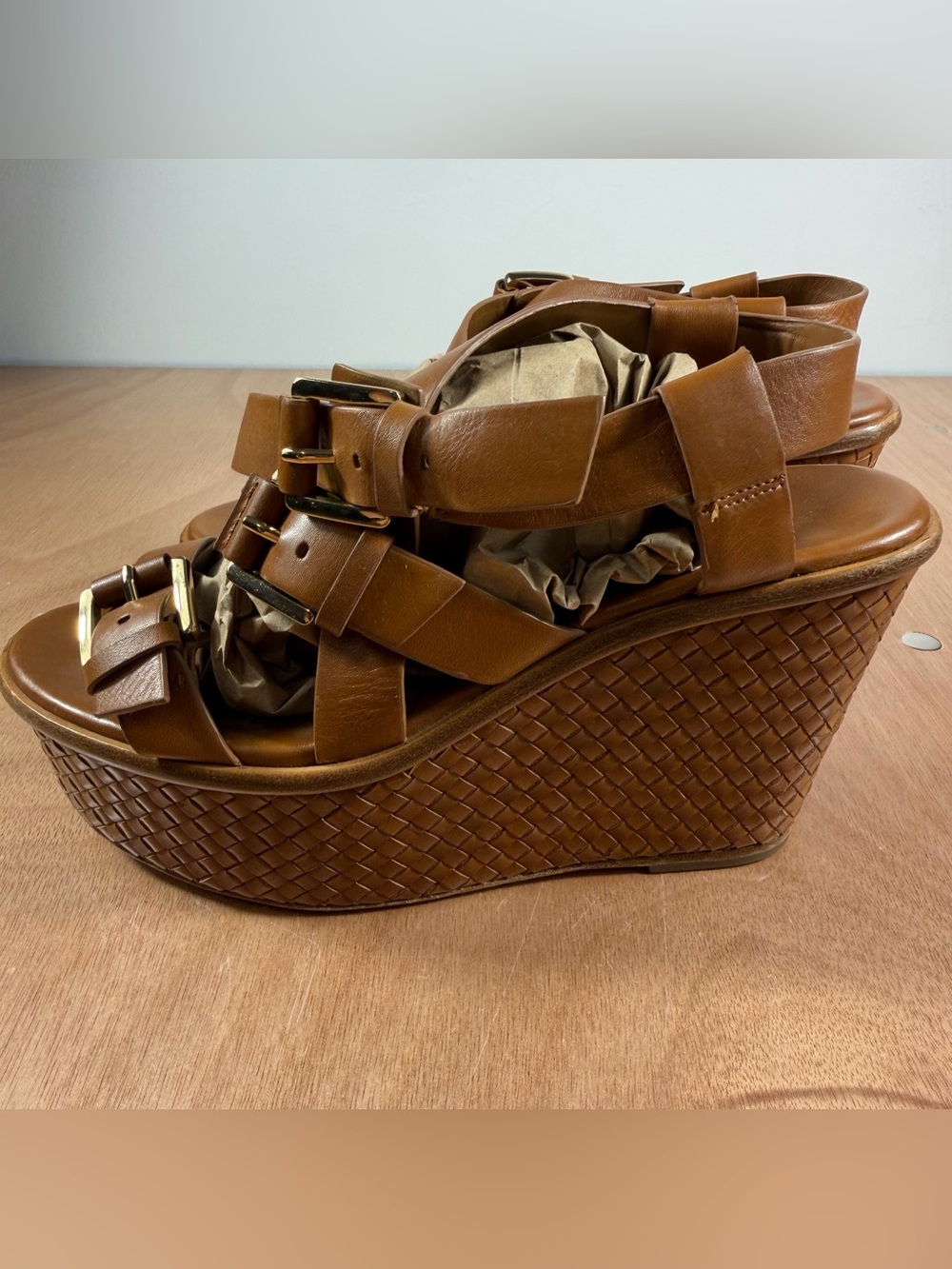 Michael Kors Collection Varick Brown Leather Platform Wedge Sandals Sz 37 Italy - Picture 4 of 16